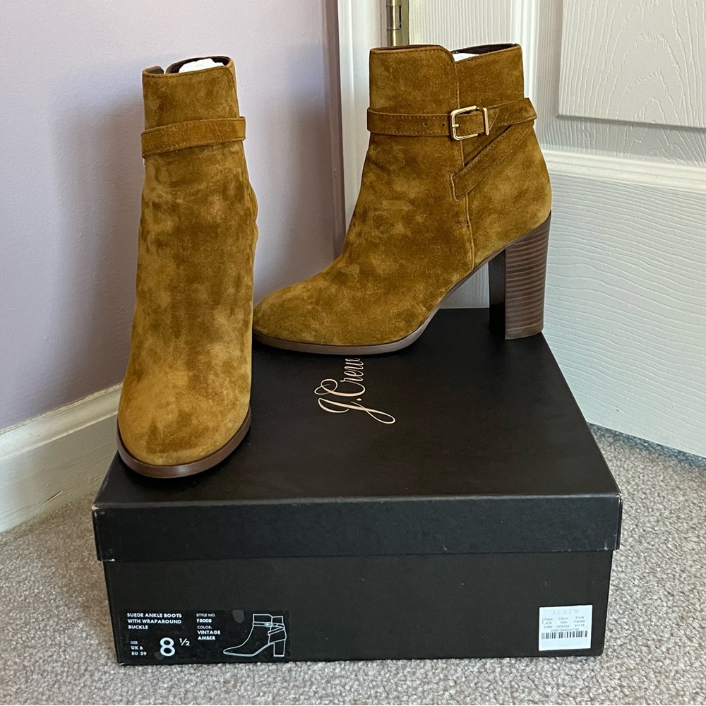NWB J Crew Suede Ankle Boots with Wrap Around Buckle, size 8.5